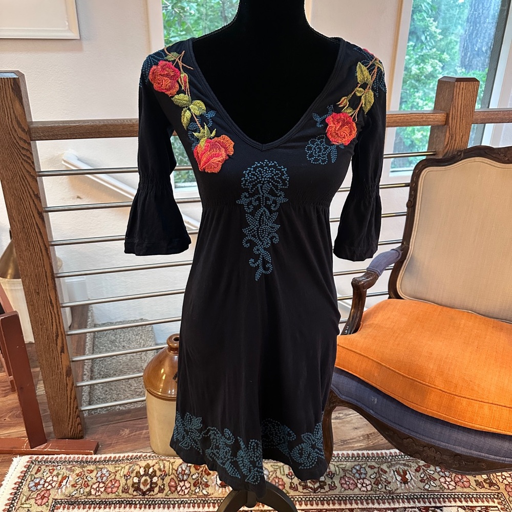 Johnny Was Floral Embroidered Navy Dress